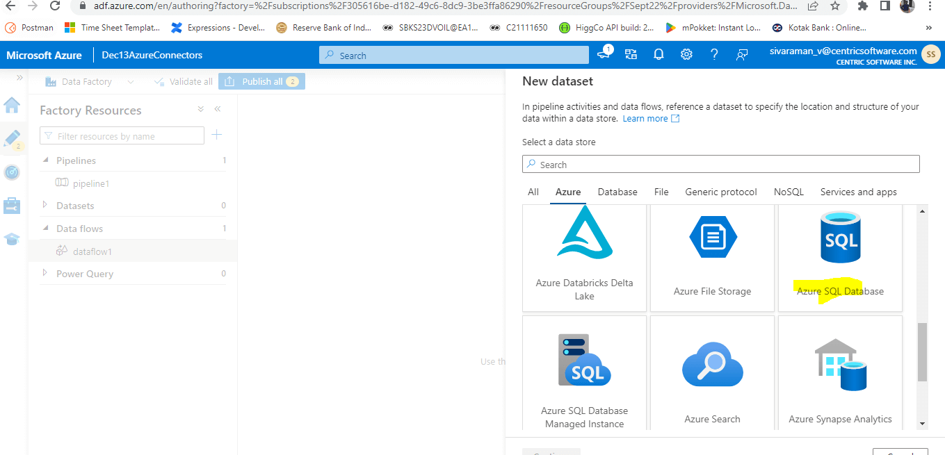 Azure Data Factory Connectors Database