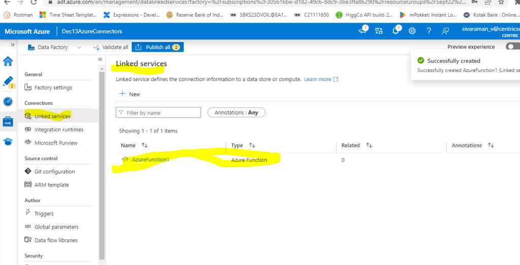 Azure data factory connectors parameters to do additional services