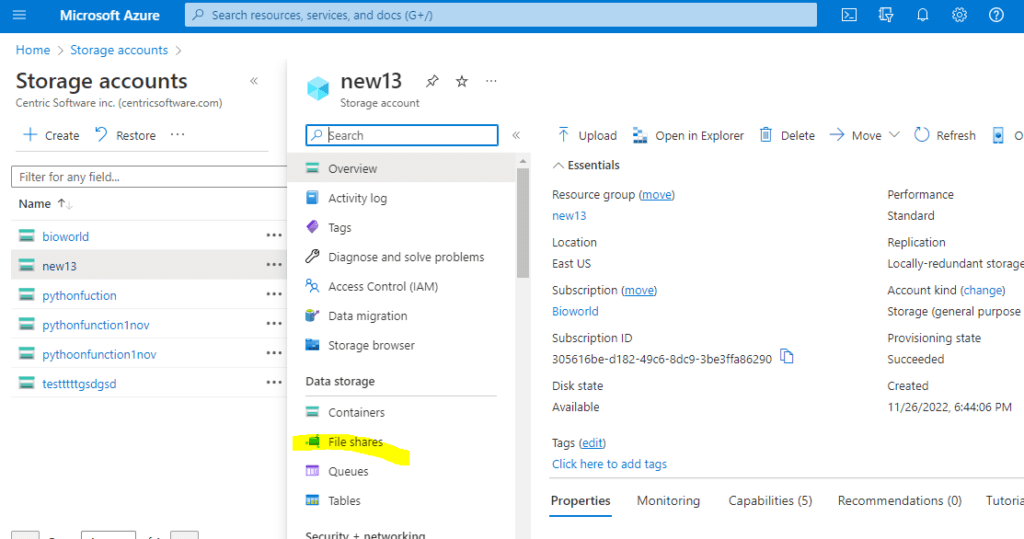 Azure Storage Files Account Window