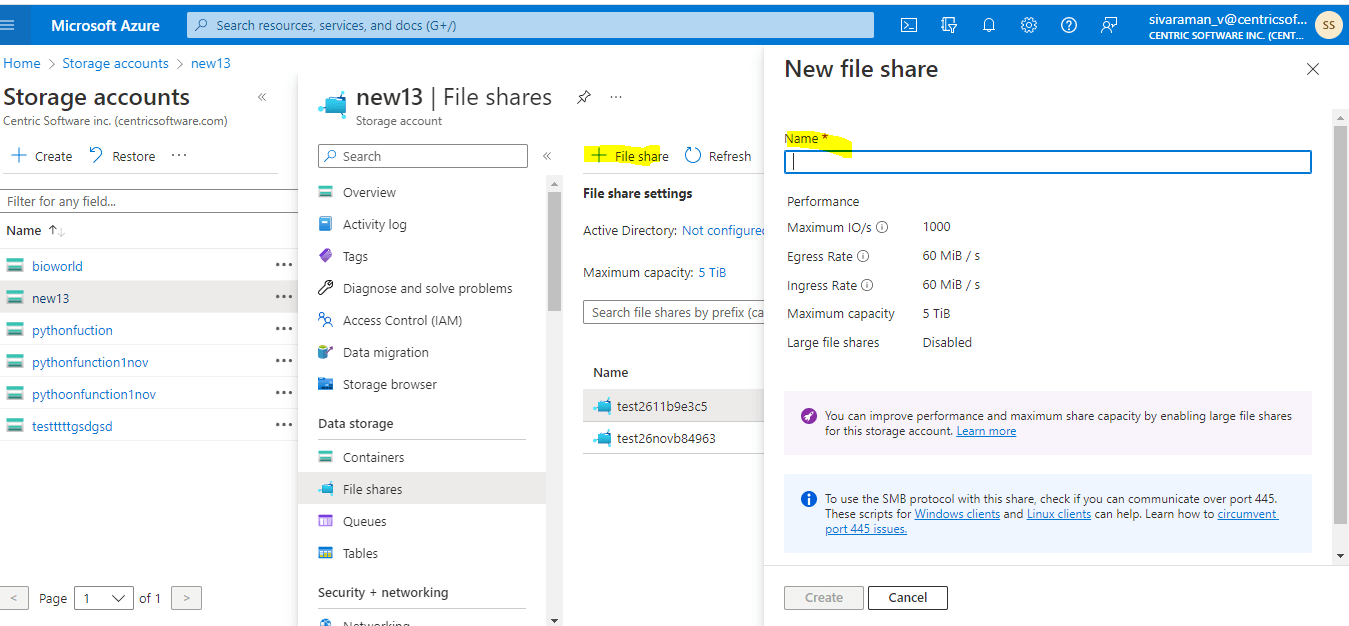 Azure Storage Files - New file share