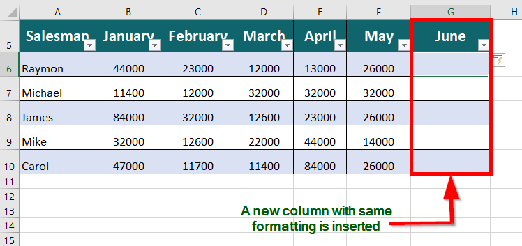 Insert a Row or Column Adjacent to the Table step 2.1