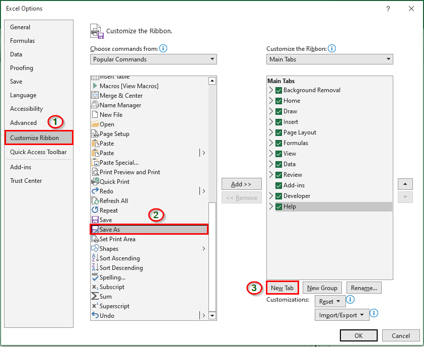 Adding Save As tab in Excel Ribbon- Click Customize Ribbon 