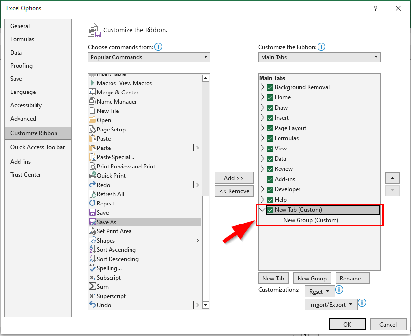 Adding Save As tab in Excel Ribbon- New Tab (Custom) 