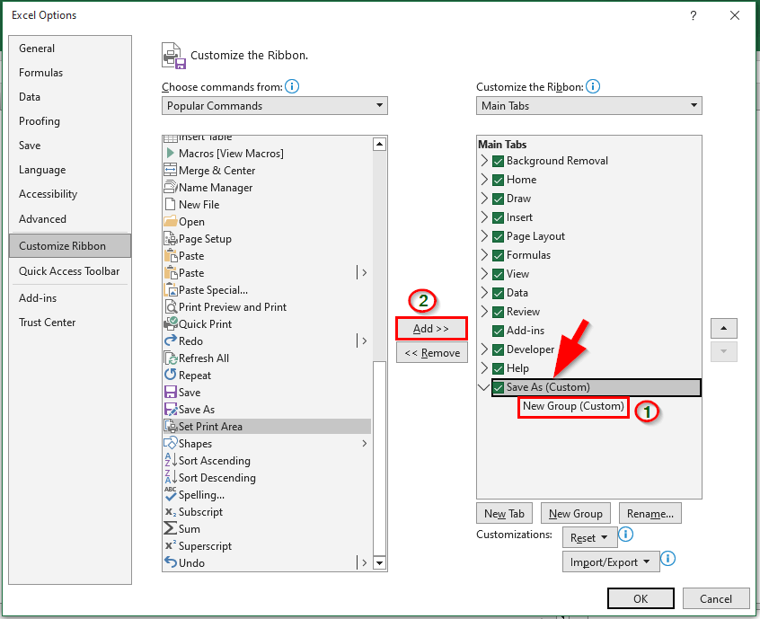 Adding Save As tab in Excel Ribbon- Save as Option