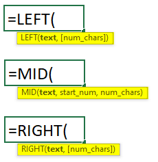 advanced excel formulas-LEFT, MID, and RIGHT Function Syntax