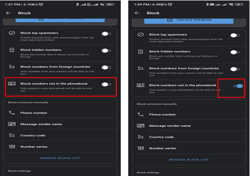 Enabling Unknown number Blocking