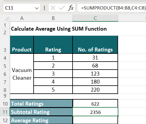 Calculate Average Rating-Method 2-2-2