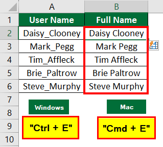 Flash Fill in Excel-shortcut