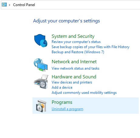 Programs in Windows Control Panel