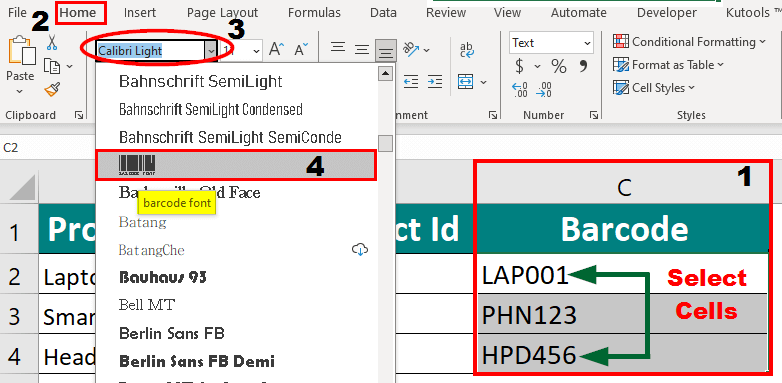Apply barcode font in excel