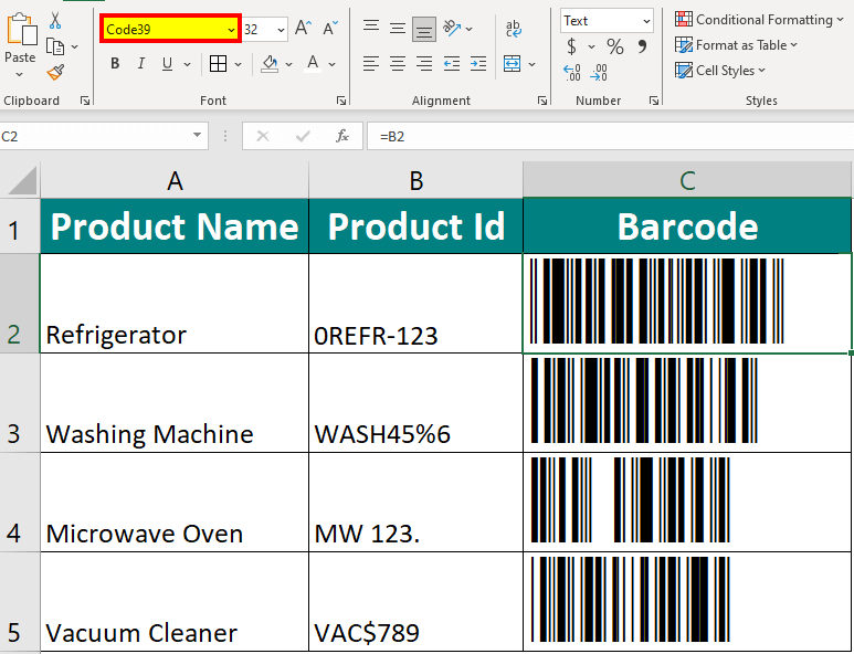 result2 of barcode in excel