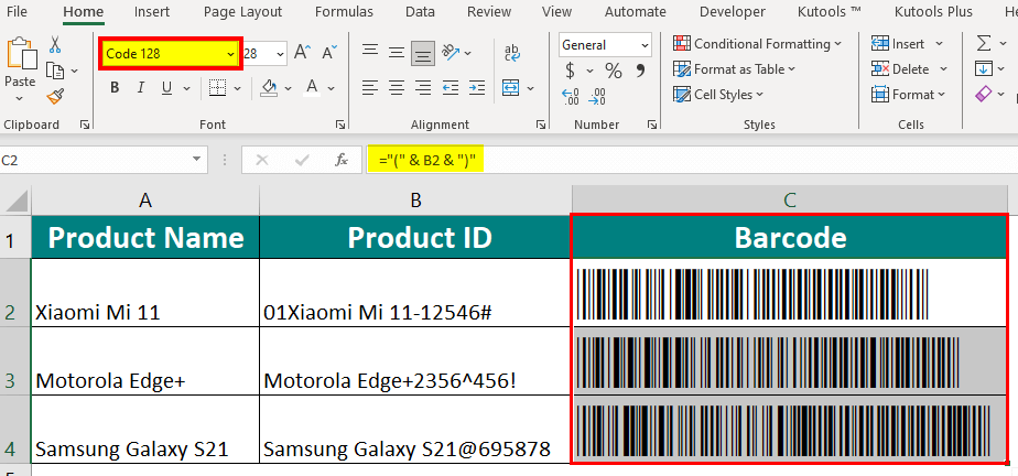 result3 of barcode in excel