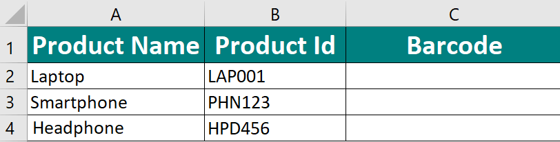 Enter product data to create barcode in excel