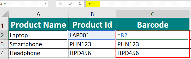 Link product ID cells to create barcode in excel