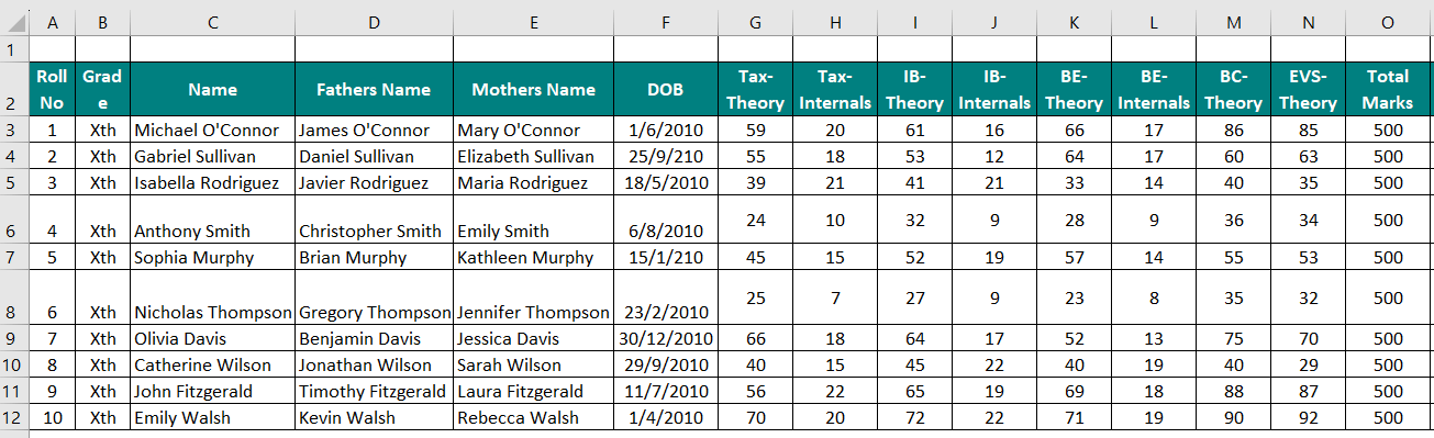 Marksheet in Excel - Enter Student Details