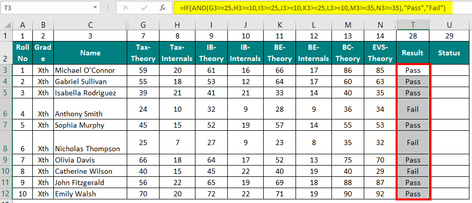 Calculate Results (Pass or Fail) with IF and AND Functions