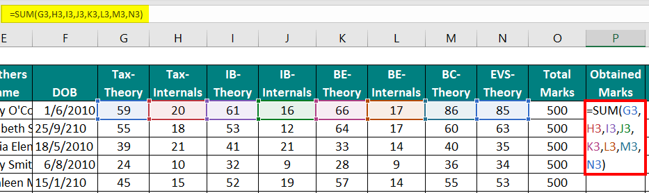 Marksheet in Excel- Calculate Obtained Marks Using the SUM Function