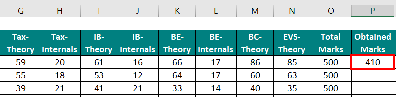 Calculate Obtained Marks Using the SUM Function step 2