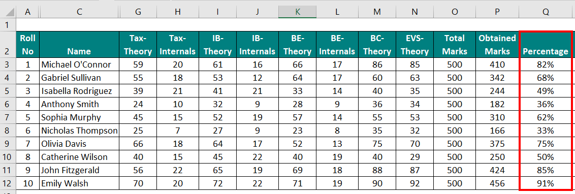 Marksheet in Excel- Determine Percentage