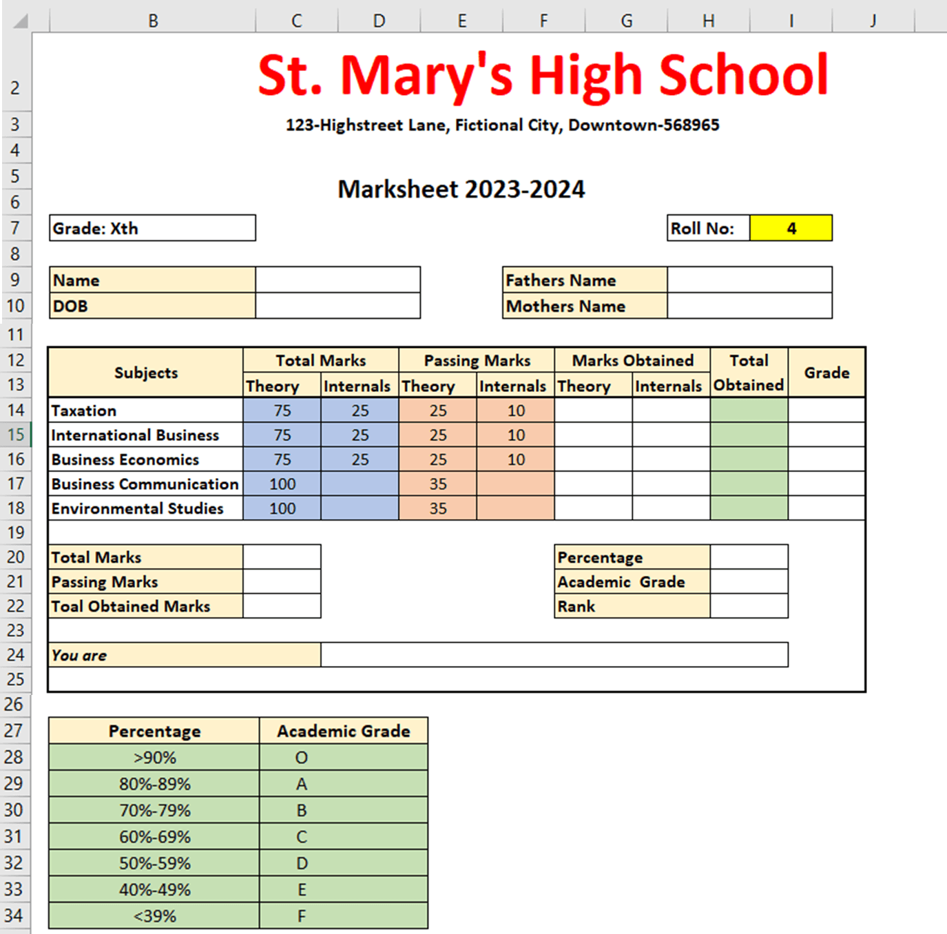 Marksheet in Excel - Format