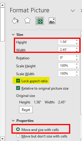 Insert Image in Excel-Lock and resize Step 6