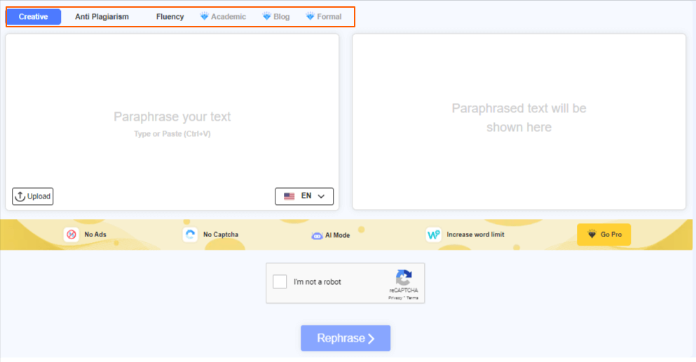 Rephraser.co Tool Modes of Writing
