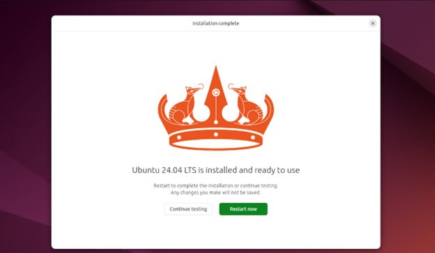 Click on Restart now - Ubuntu 24.04 Install