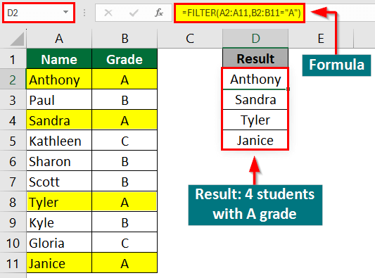 Excel FILTER Function - EXAMPLE 1 Result