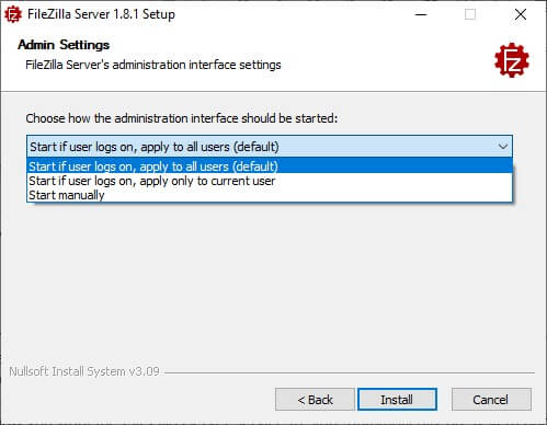 FileZilla Serve -admin settings