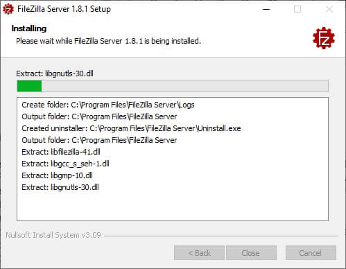FileZilla Server - installed started