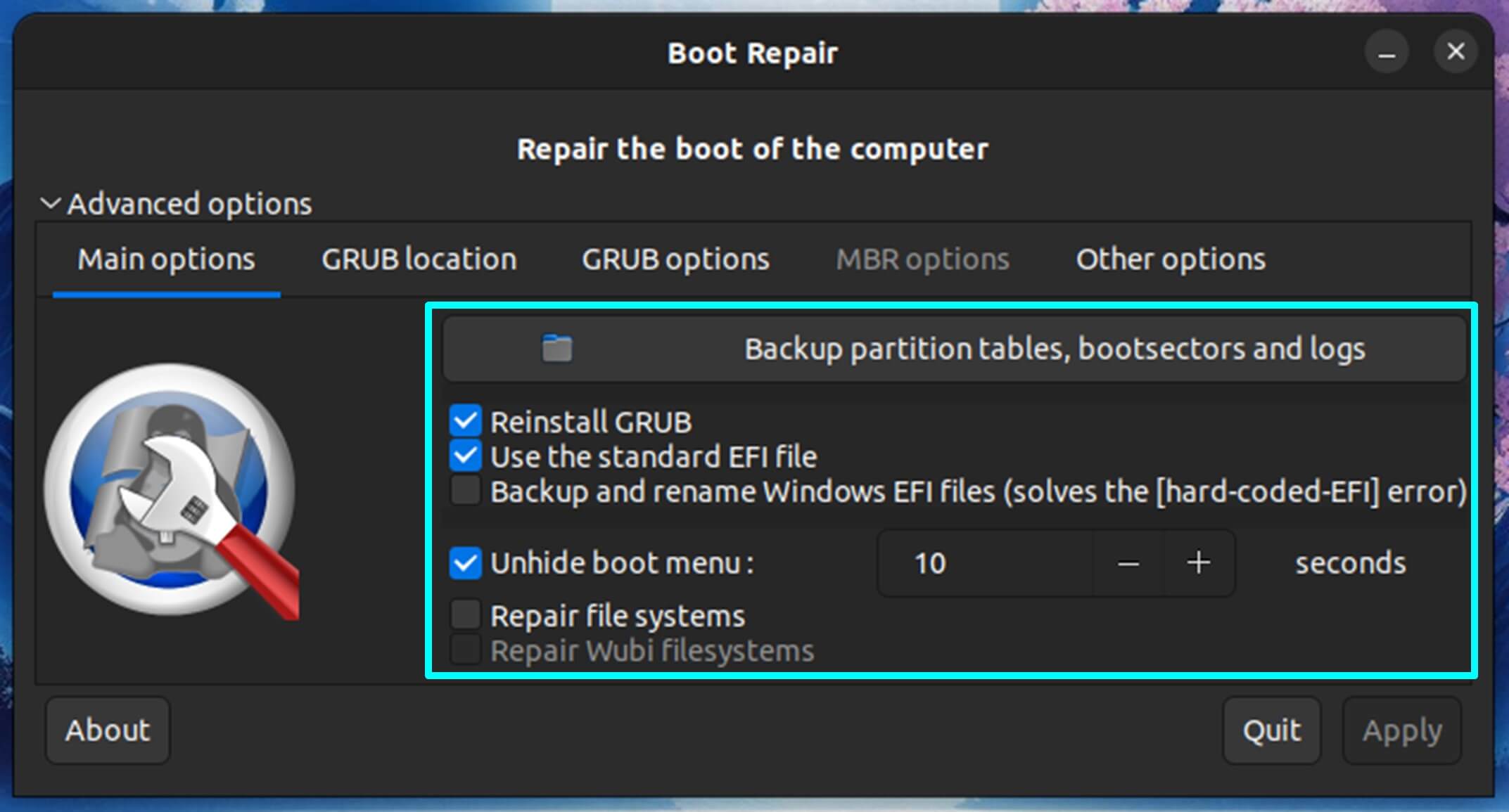 Restore Boot Sector -backup partition tables