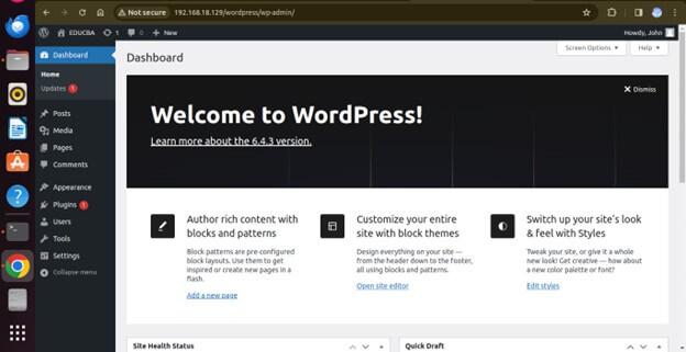 WordPress server -dashboard