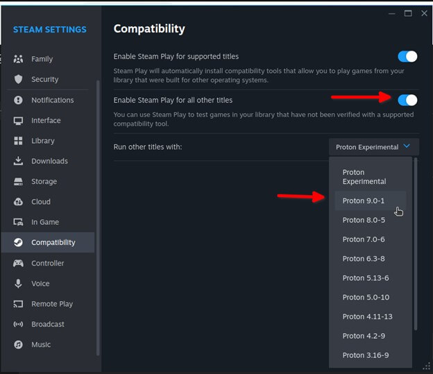 Enabling Steam- Compatibility Settings