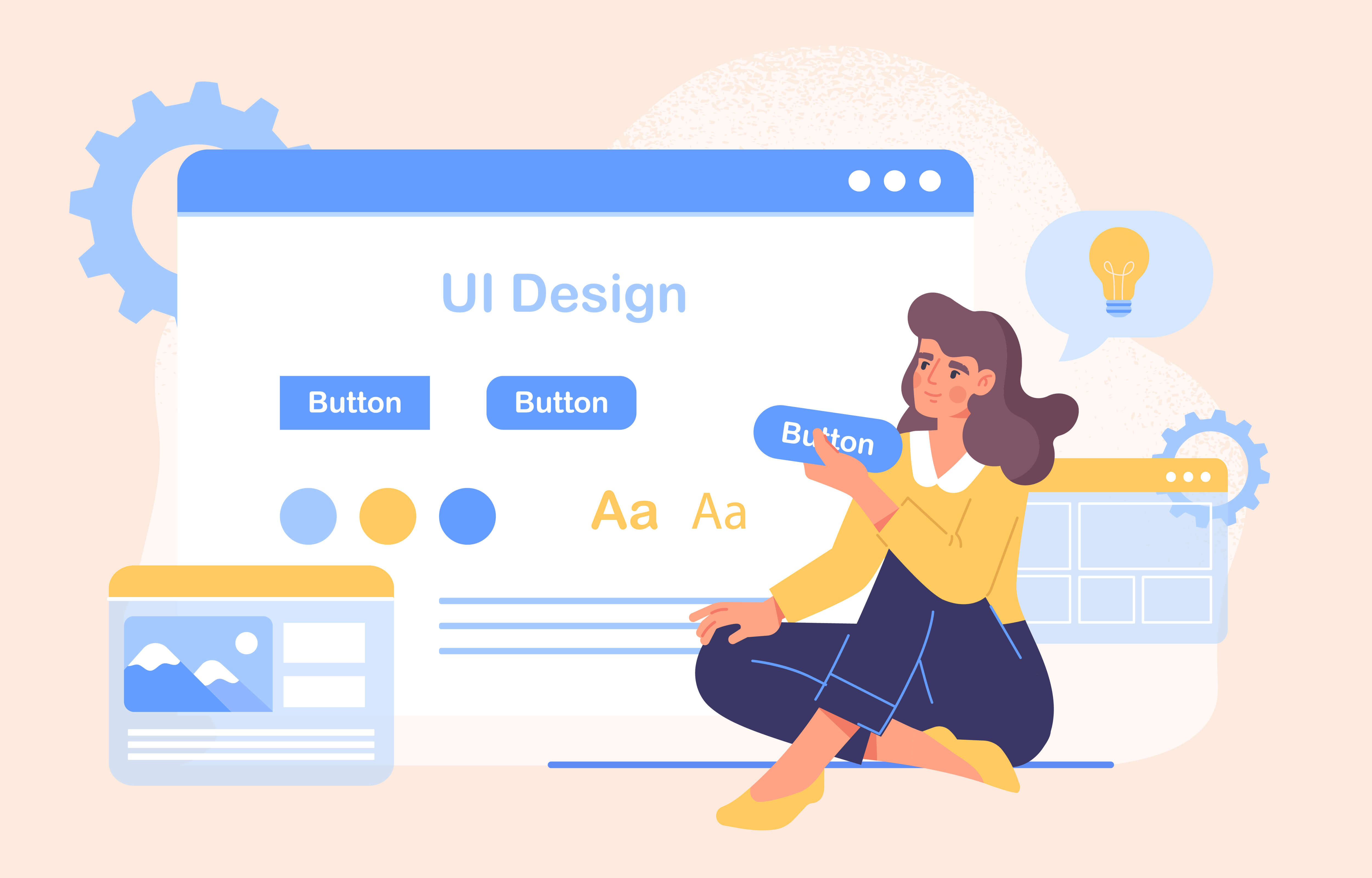 Types of Graphic Designing - Woman with UI design vector concept