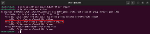 sudo ip addr add 192-168-1-10-24 dev enp2s0