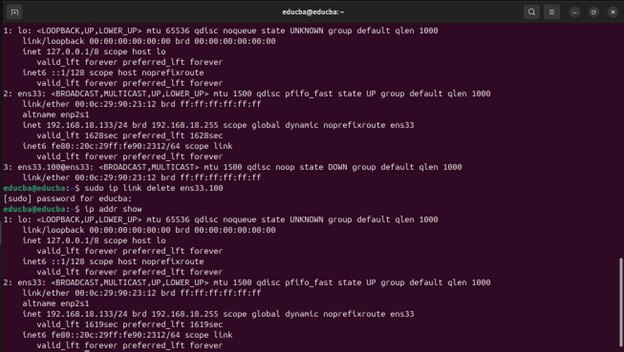 sudo ip link delete ens33.100