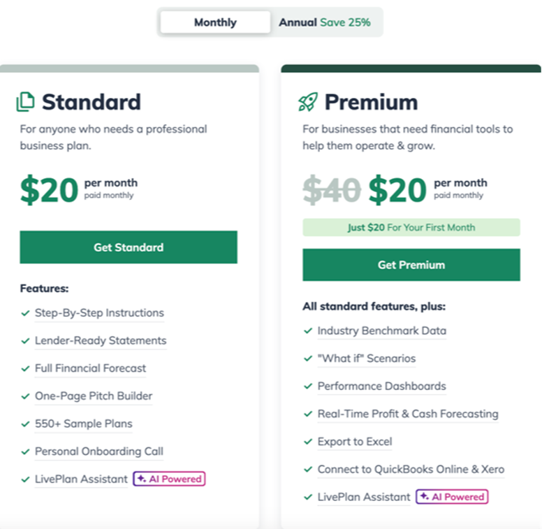 Pricing LivePlan