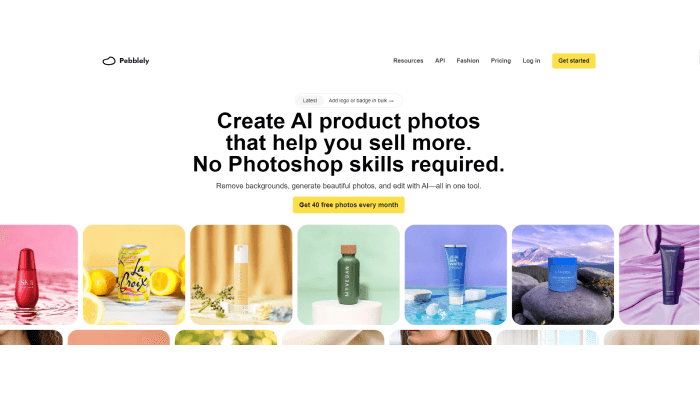 A screenshot of Pebblely’s website to generate existing product photos in a wide range of AI background settings or scenes.