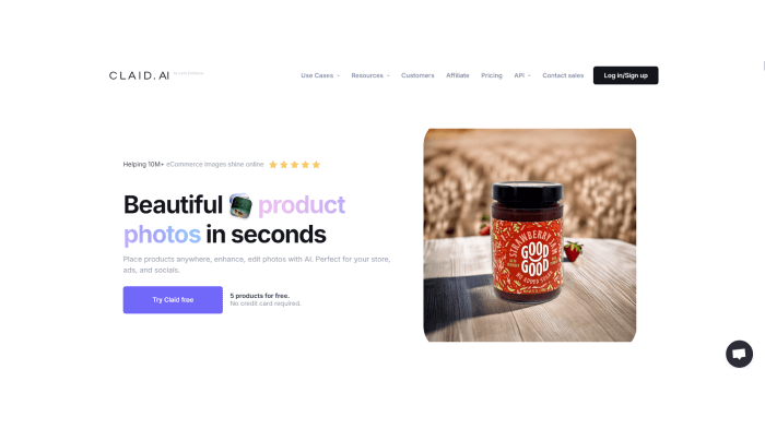 A screenshot of CLAID.AI’s website to generate high-quality product photos quickly and effortlessly using AI.