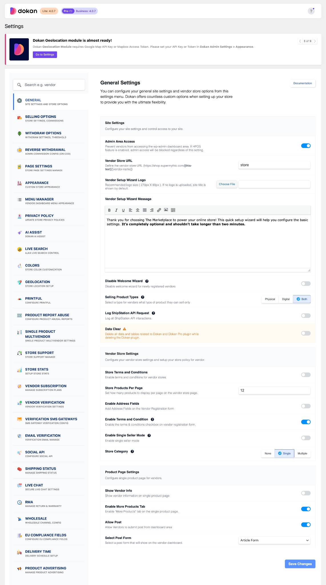 Configure Dokan General Settings