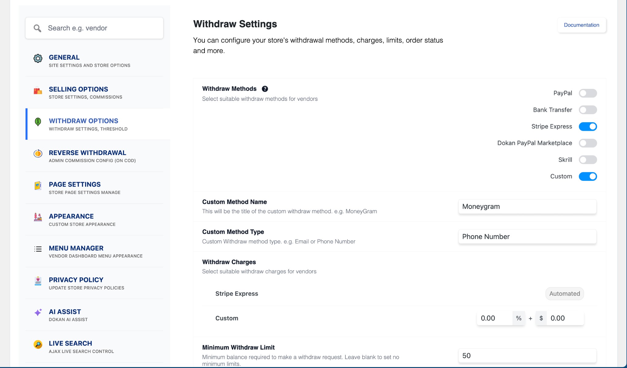 Enable Withdraw Methods for Vendors