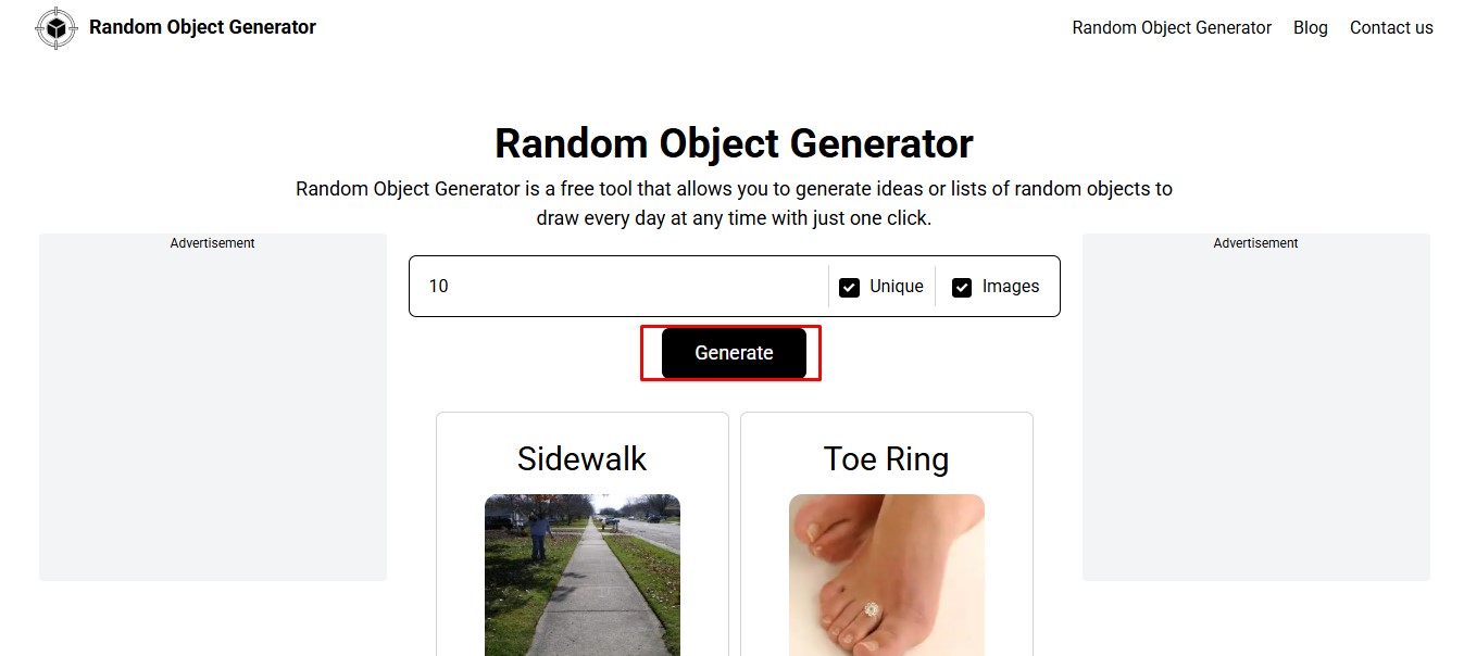 Click the "Generate" button, and the tool presents you with a random object or a list of objects along with pictures.