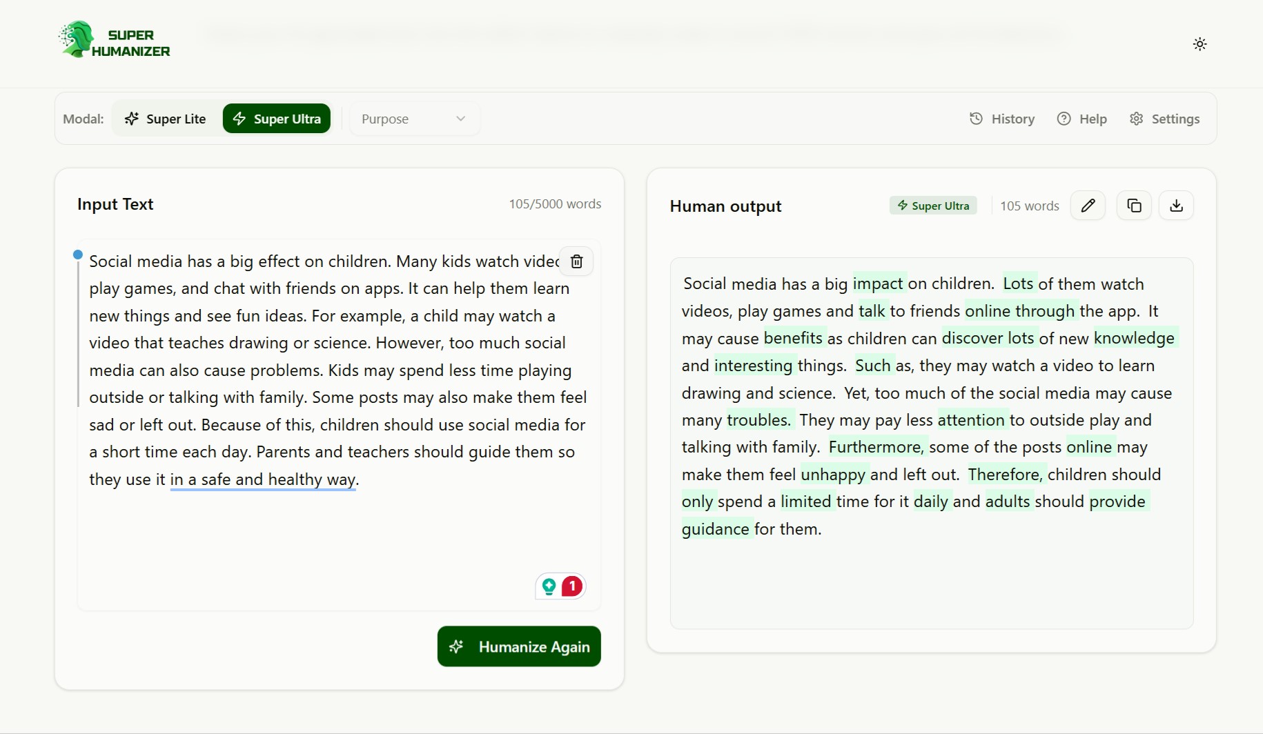 Result After Using SuperHumanizer