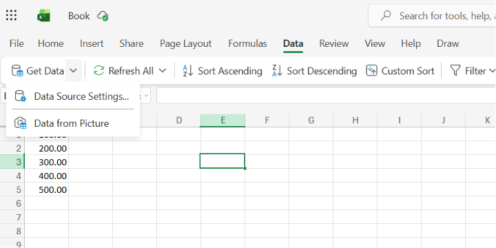 Data tab in Excel for the Web