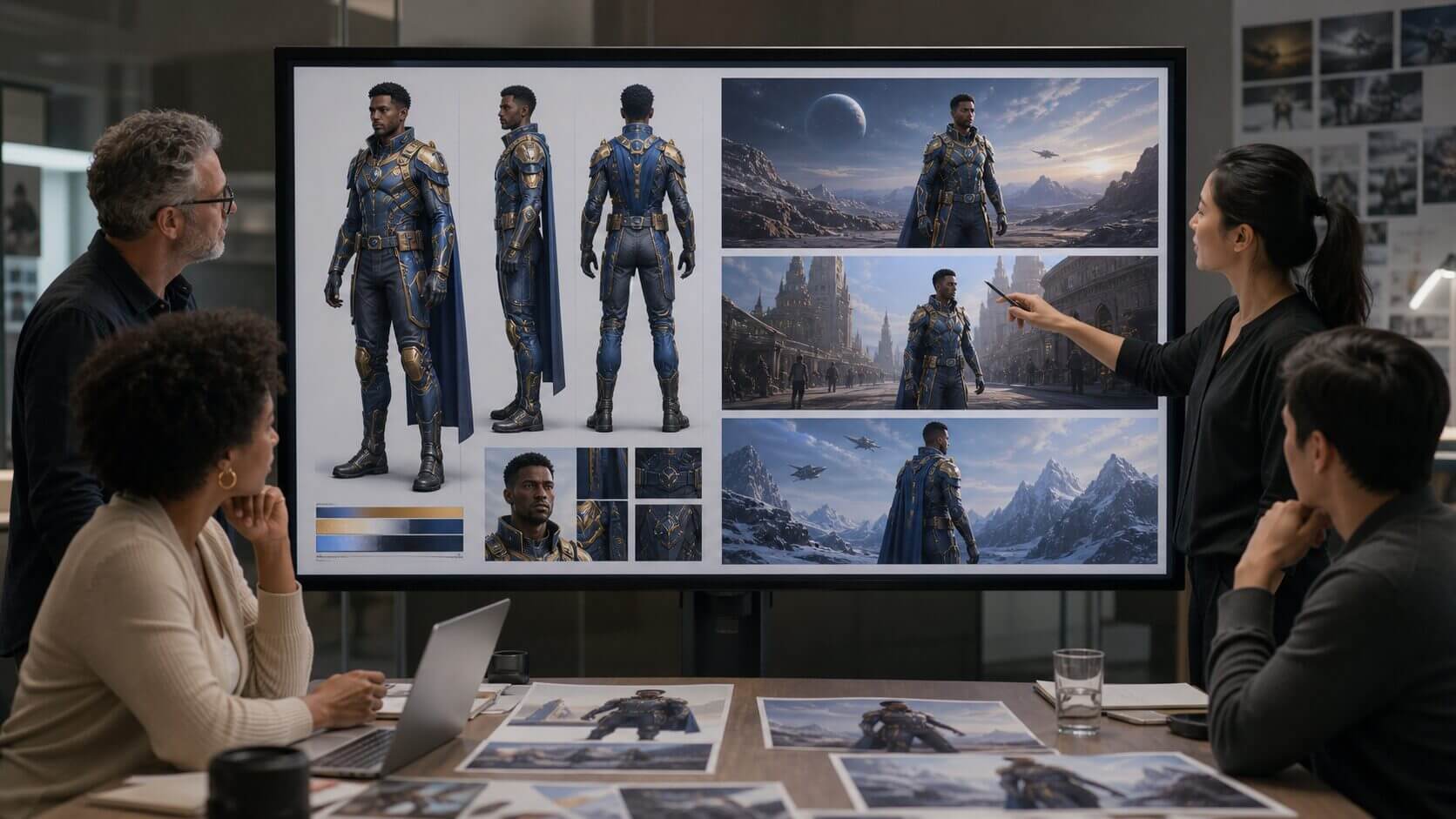 Creative team reviewing an authorized original character across AI-generated campaign scenes