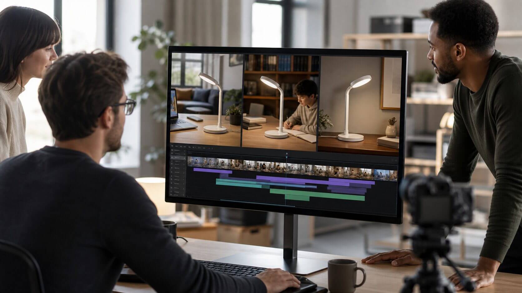 E-commerce team creating multiple AI video campaigns from one desk lamp product image