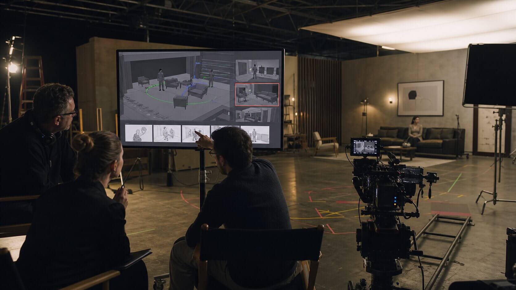 Film production team using AI pre-visualization for camera blocking and shot planning
