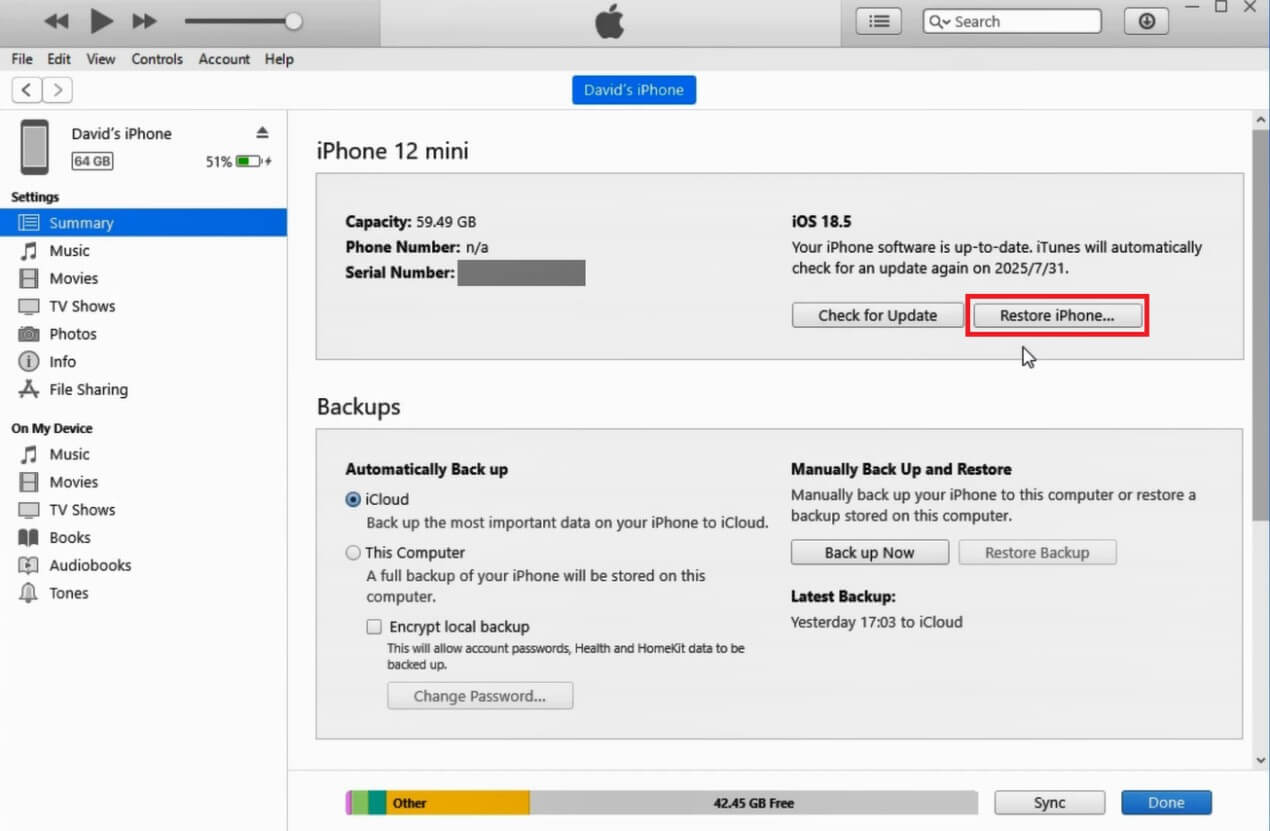 Restore iPhone Using Finder or iTunes