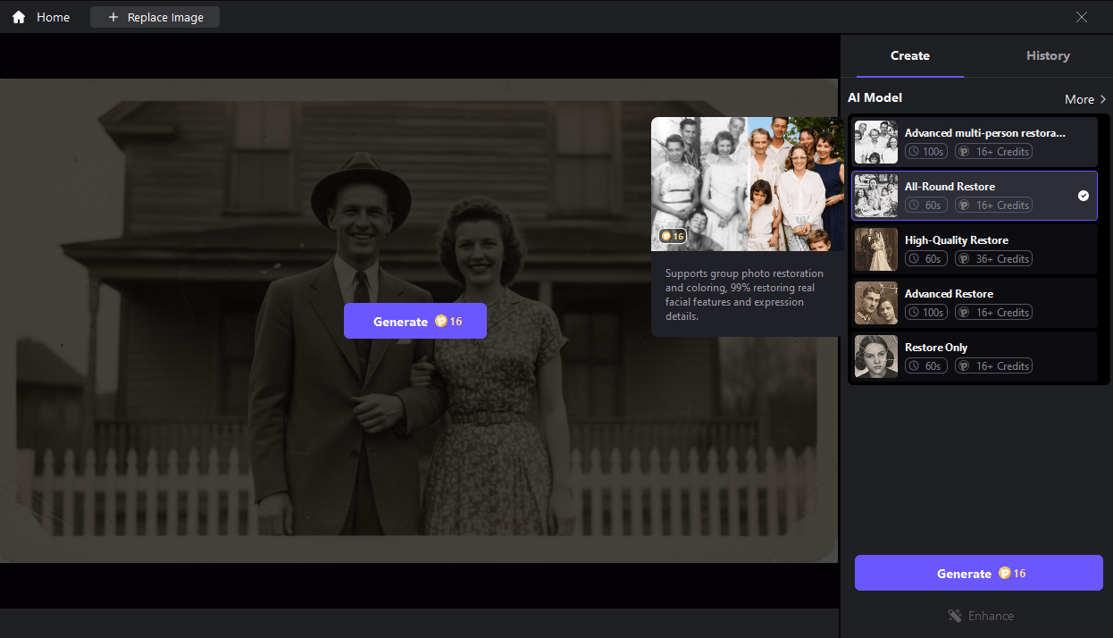 AI improvement preview with restored quality of old photos.