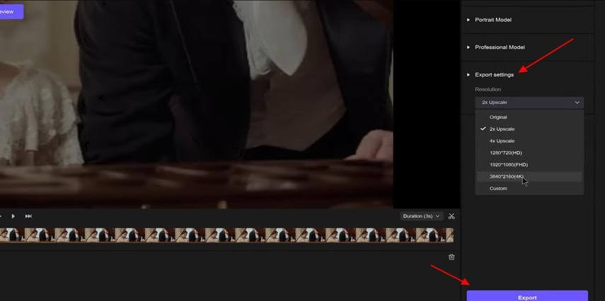 VikPea settings for exporting video with increased quality.